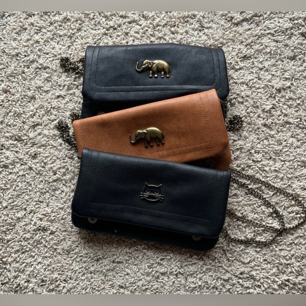 Black and Brown Cat and Elephant Crossbody Purses.